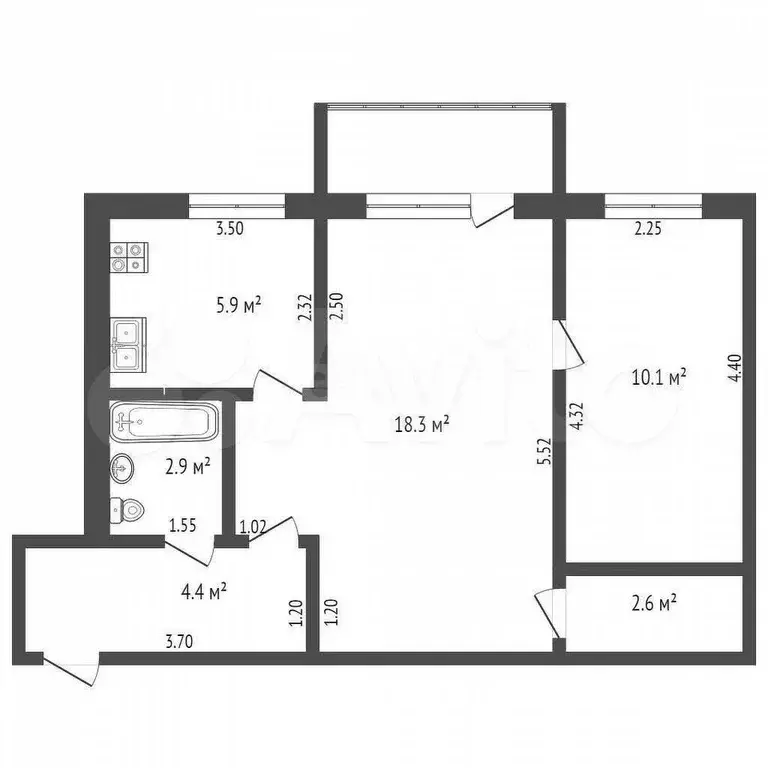 2-к. квартира, 45,6 м, 3/5 эт. - Фото 0