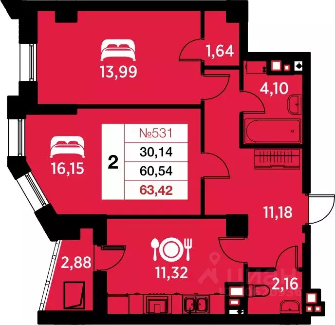 2-к кв. Калининградская область, Калининград ул. Гайдара, 94 (63.42 м) - Фото 0