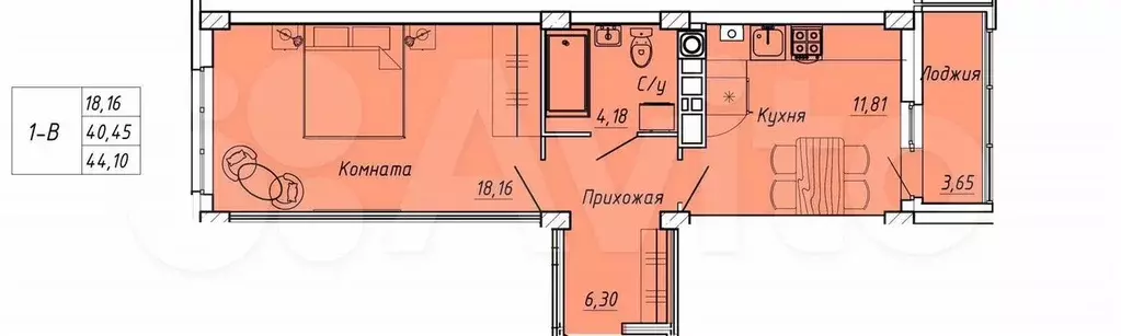 1-к. квартира, 44,1 м, 7/9 эт. - Фото 0