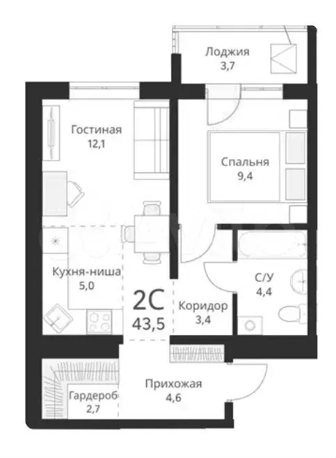 2-к. квартира, 43,5 м, 5/16 эт. - Фото 0