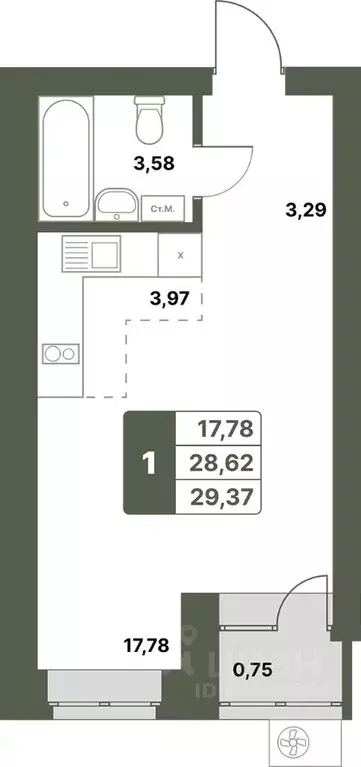 1-к кв. Башкортостан, Уфимский район, с. Миловка  (29.37 м) - Фото 1