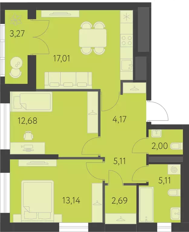2-к квартира, 63.55 м - Фото 0