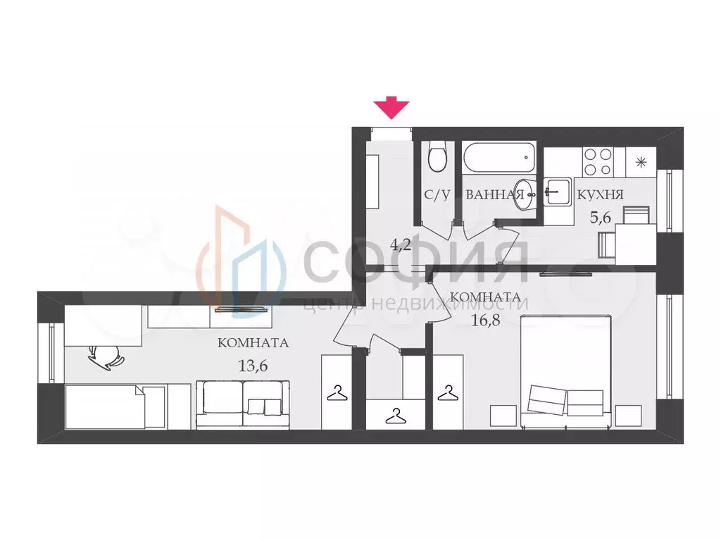 2-к. квартира, 44,7 м, 1/5 эт. - Фото 0