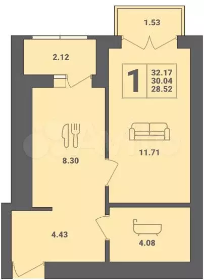 1-к. квартира, 32 м, 5/6 эт. - Фото 1
