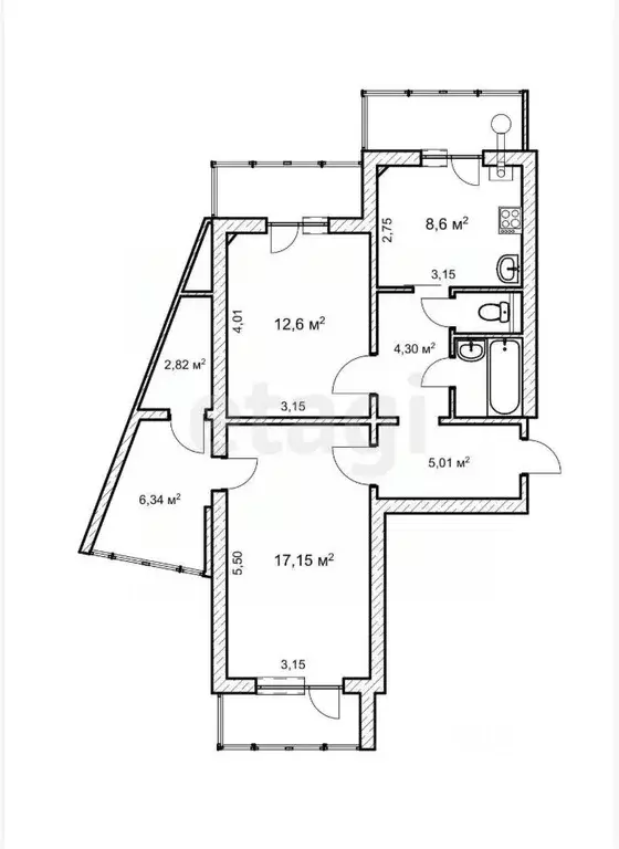 2-к кв. Белгородская область, Белгород ул. Есенина, 50 (51.0 м) - Фото 1