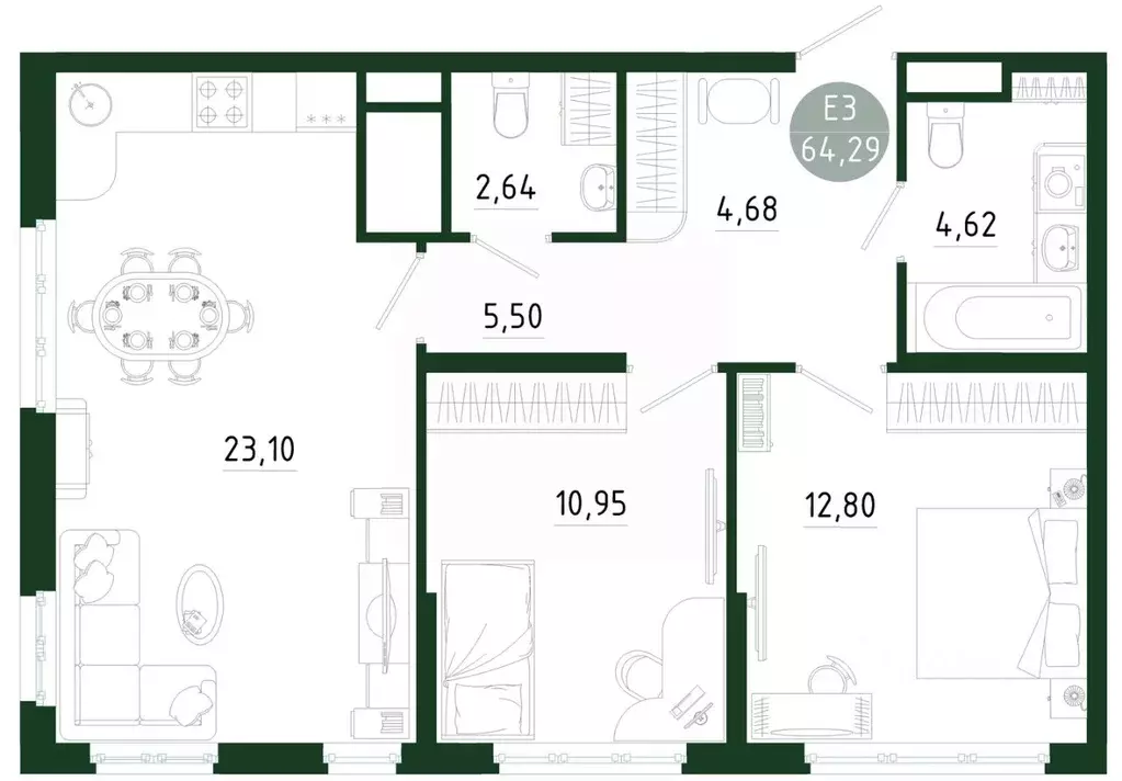 2-к кв. Тульская область, Тула Платон Парк жилой комплекс (64.29 м) - Фото 1