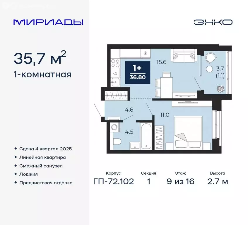 1-комнатная квартира: Тюмень, Ленинский округ (35.7 м) - Фото 0
