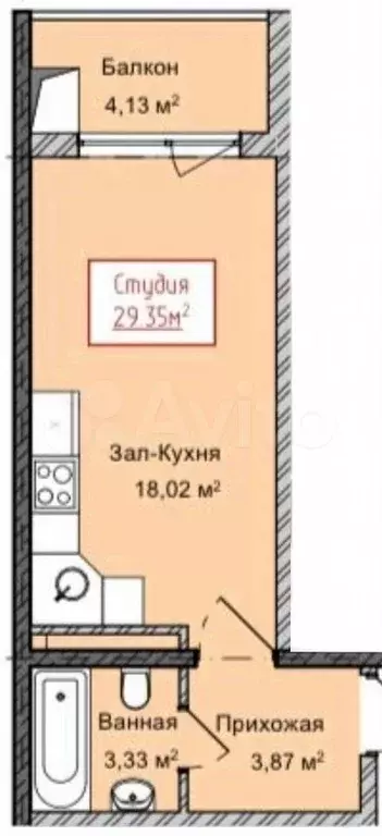 Квартира-студия, 29,4 м, 5/13 эт. - Фото 1