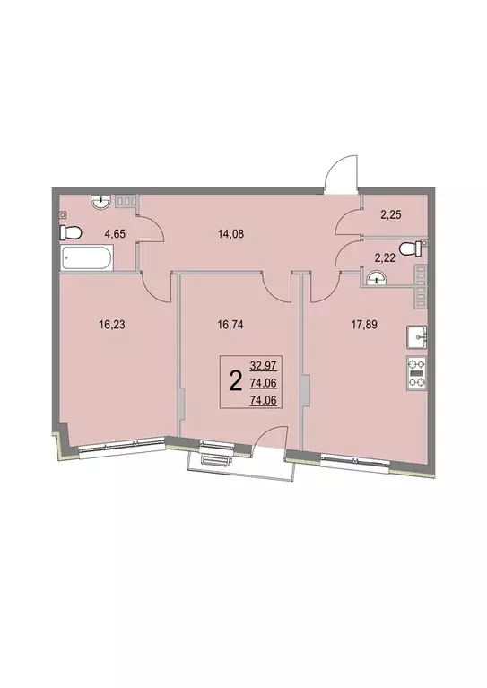 2-к квартира, 74.1 м - Фото 0