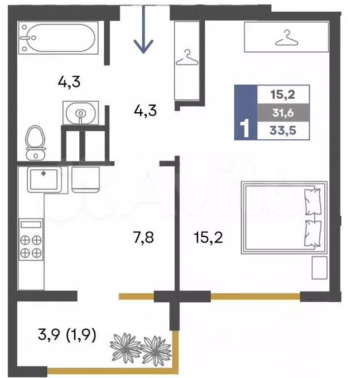 1-к. квартира, 33,5 м, 1/4 эт. - Фото 0