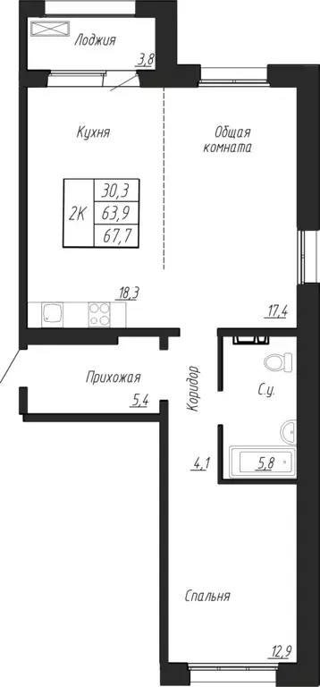 2-к квартира, 67.7 м - Фото 0