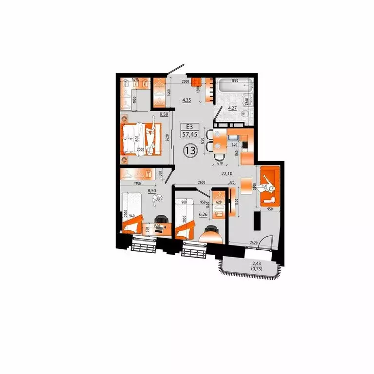 3-комнатная квартира: Владивосток, улица Капитана Шефнера, 25 (57.45 ... - Фото 1