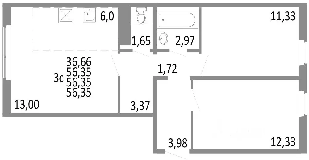 3-к кв. Челябинская область, Челябинск ул. Блюхера, 125Б (56.35 м) - Фото 0