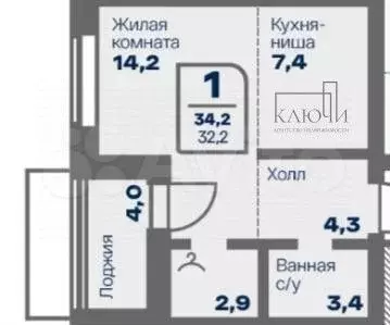 1-к. квартира, 34,2 м, 5/16 эт. - Фото 1