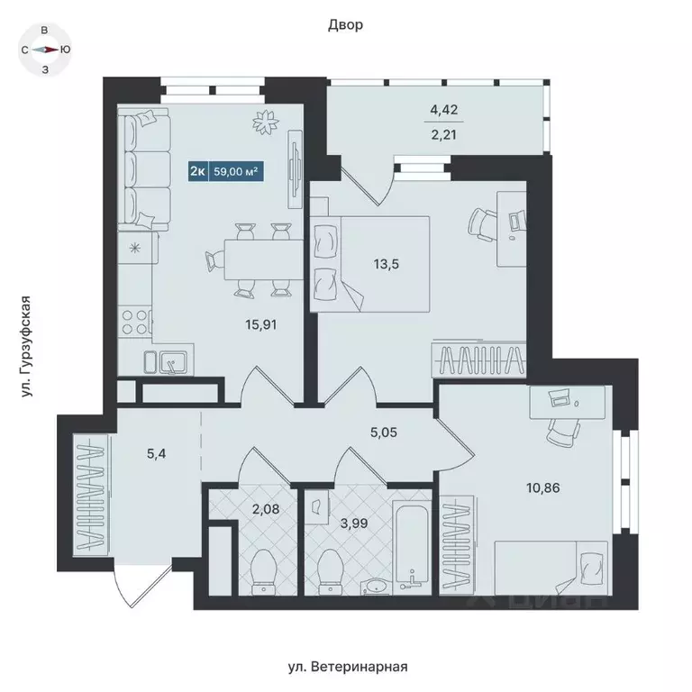 2-к кв. Свердловская область, Екатеринбург ул. Ветеринарная (59.41 м) - Фото 0