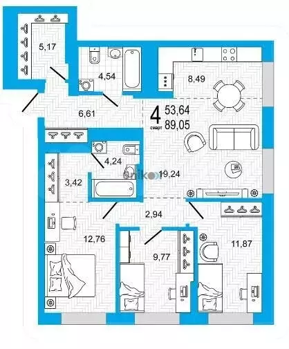 4-к. квартира, 89 м, 3/26 эт. - Фото 0