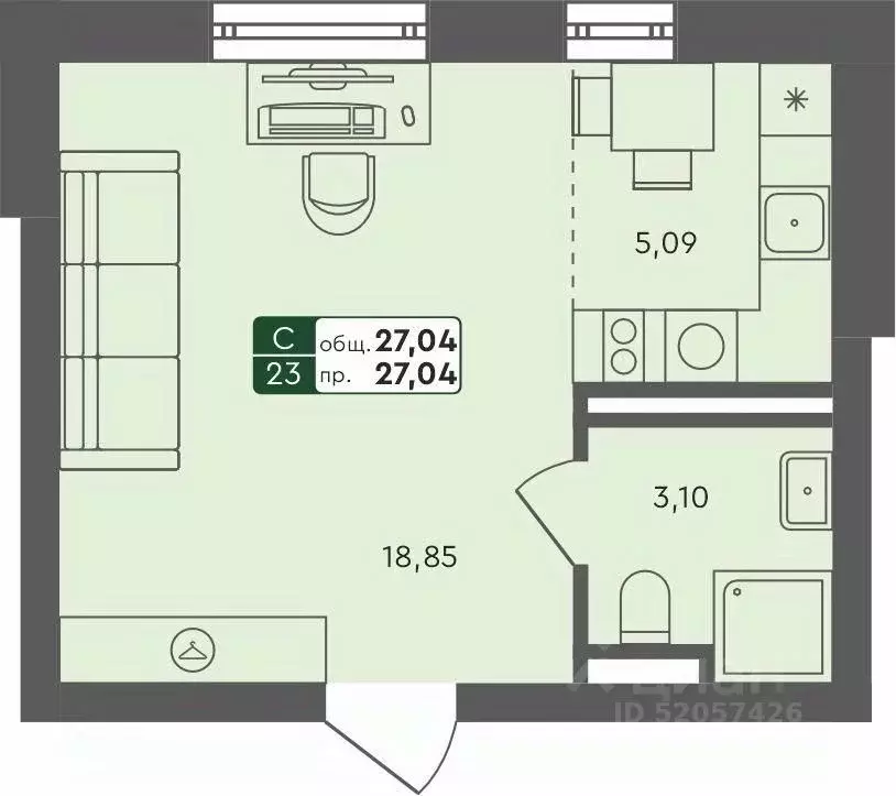 Студия Ямало-Ненецкий АО, Ноябрьск ул. Новоселов, 7В (27.04 м) - Фото 1