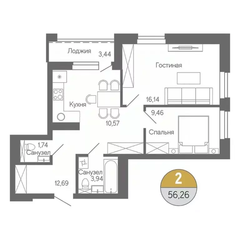 2-к кв. Башкортостан, Стерлитамак ул. Ботаническая, 10 (56.26 м) - Фото 1