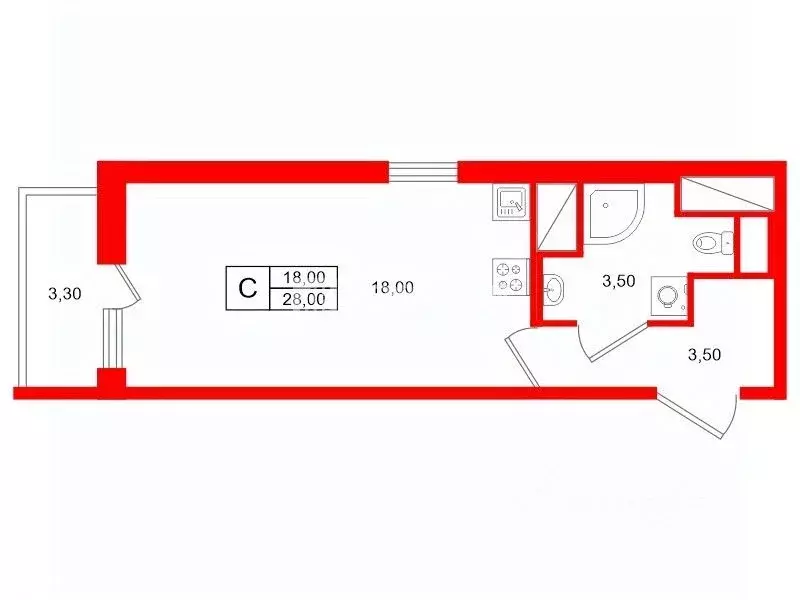 Студия Санкт-Петербург аллея Арцеуловская, 17 (28.0 м) - Фото 1