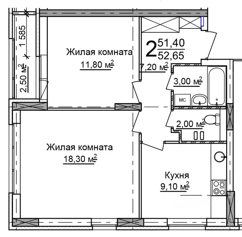 2-к кв. Нижегородская область, Нижний Новгород 52-й кв-л,  (52.65 м) - Фото 0