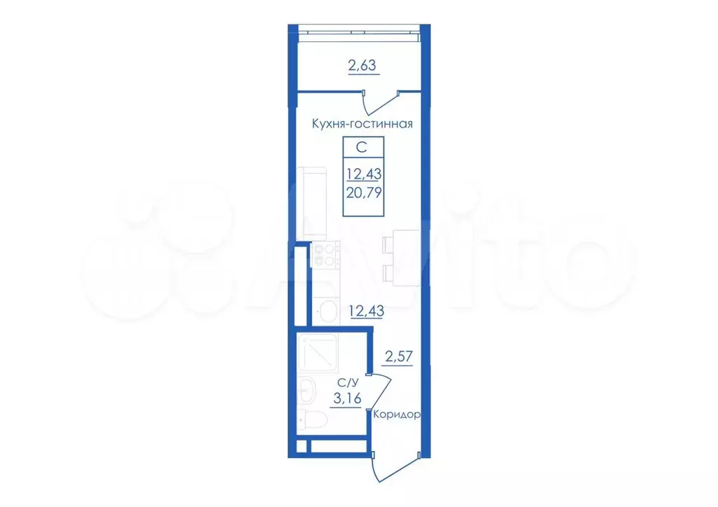 Квартира-студия, 20,8 м, 4/25 эт. - Фото 1