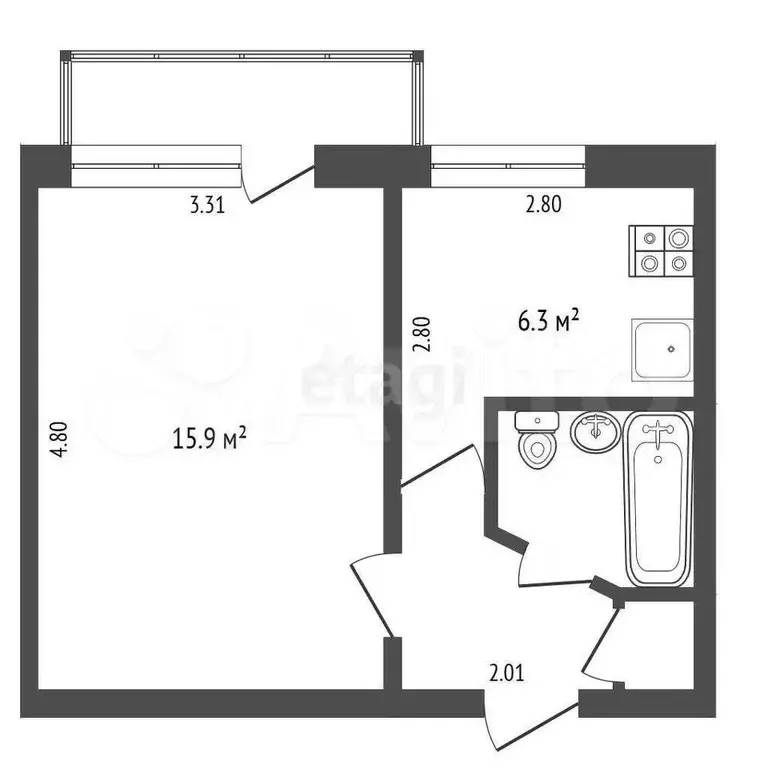 1-к. квартира, 29 м, 5/5 эт. - Фото 0