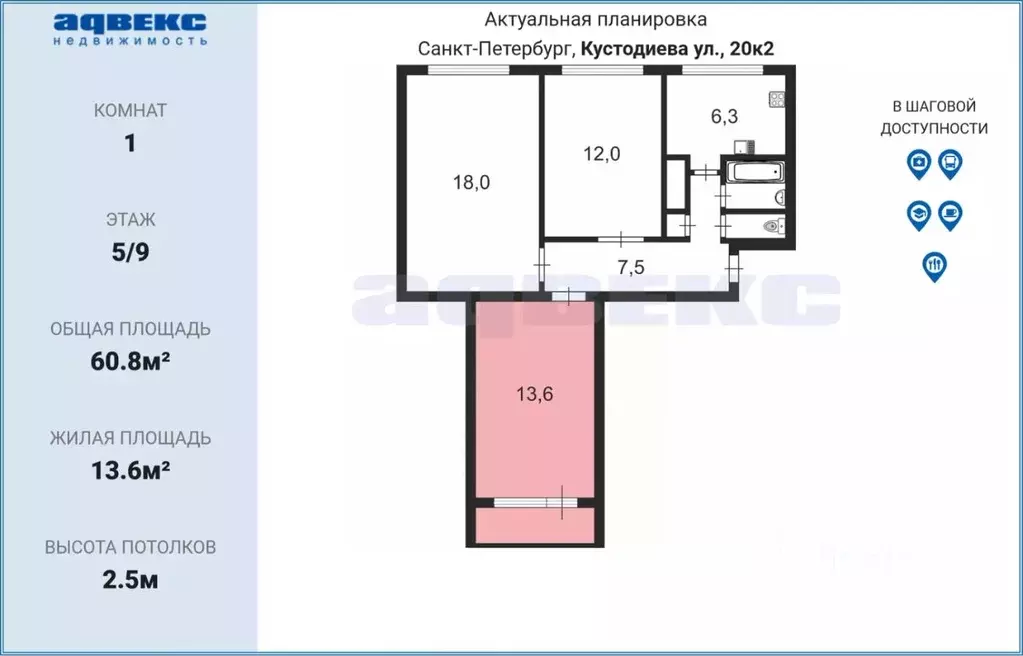 Комната Санкт-Петербург ул. Кустодиева, 20К2 (13.6 м) - Фото 1