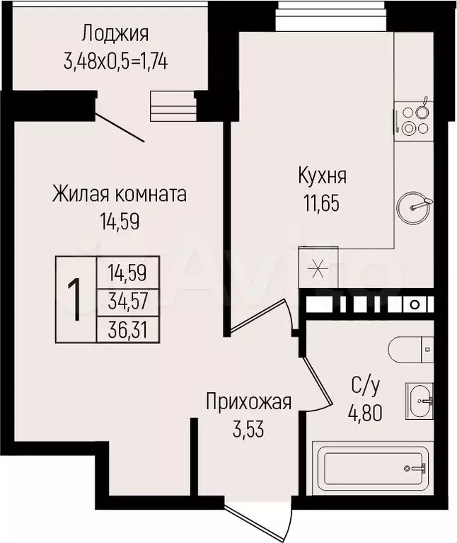 1-к. квартира, 36,3 м, 8/15 эт. - Фото 0