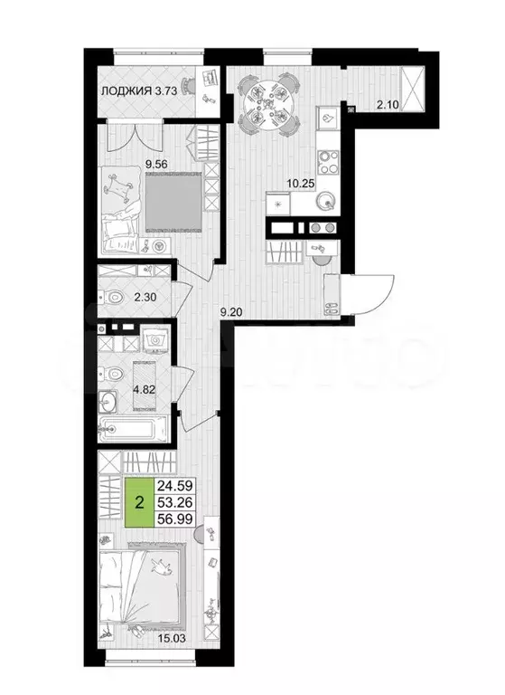 2-к. квартира, 57 м, 3/7 эт. - Фото 1
