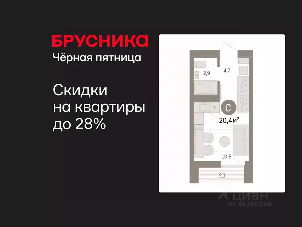 Студия Свердловская область, Екатеринбург ул. Гастелло, 19А (20.38 м) - Фото 1