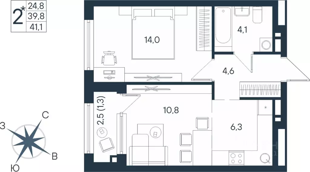 Студия Пермский край, Пермь ул. Космонавта Беляева, 17 (41.1 м) - Фото 1