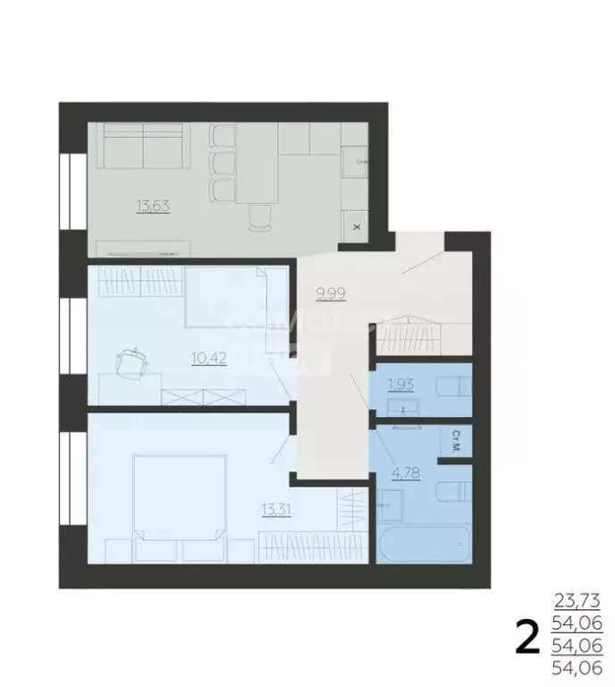 2-комнатная квартира: Ленино, проспект Мечты, 2 (54.06 м) - Фото 1