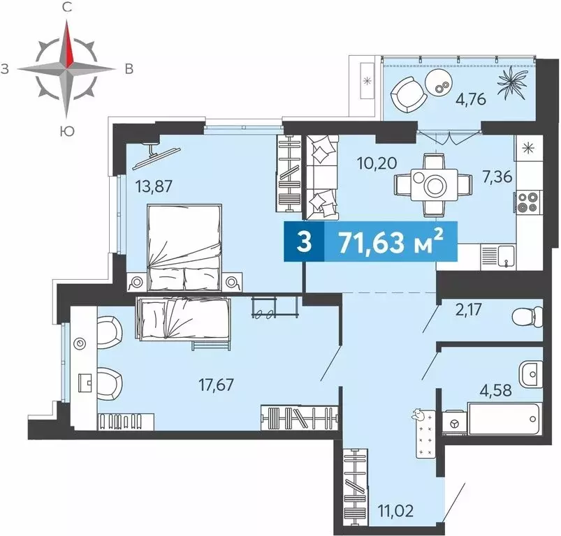 3-комнатная квартира: Засечное, Прибрежный бульвар, 5 (71.63 м) - Фото 0
