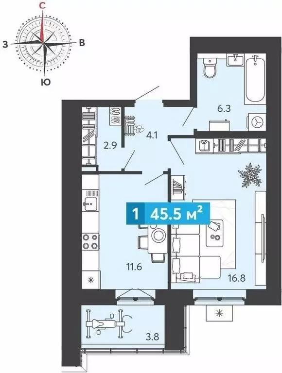 1-комнатная квартира: Засечное, Прибрежный бульвар, 5 (45.5 м) - Фото 1