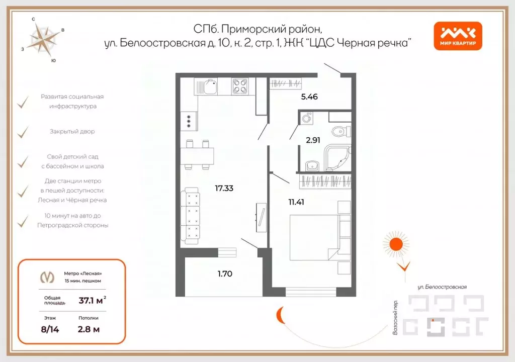 2-к кв. Санкт-Петербург Белоостровская ул., 10к2 (37.1 м) - Фото 1