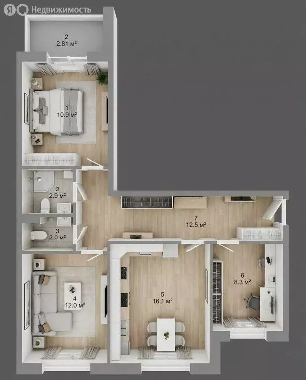 1к в 3-комнатной квартире (12 м) - Фото 2