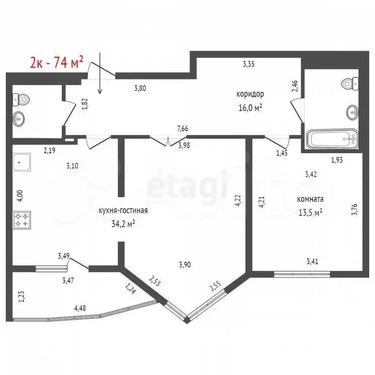 2-к. квартира, 74 м, 7/16 эт. - Фото 1