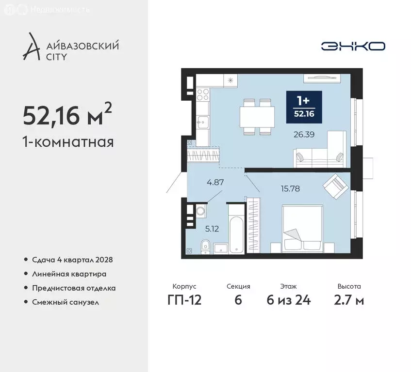 1-комнатная квартира: Тюмень, ЖК Айвазовский Сити (52.16 м) - Фото 1