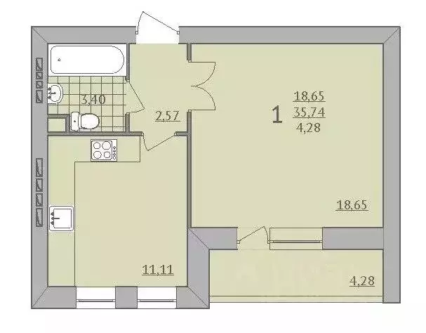 1-комнатная квартира: Заречный, Восточная улица, 23 (35.7 м) - Фото 1