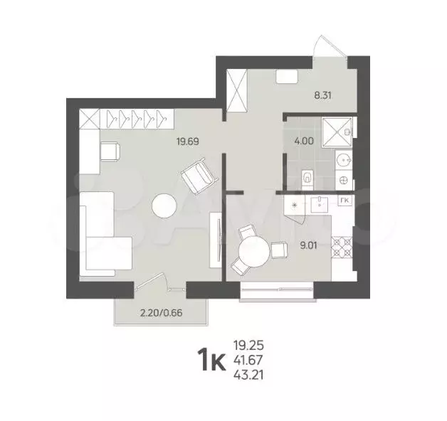 1-к. квартира, 43,2м, 3/3эт. - Фото 1