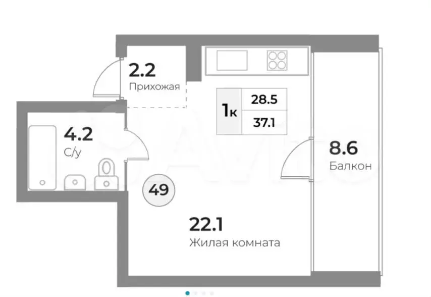 Апартаменты-студия, 37,1 м, 5/5 эт. - Фото 1