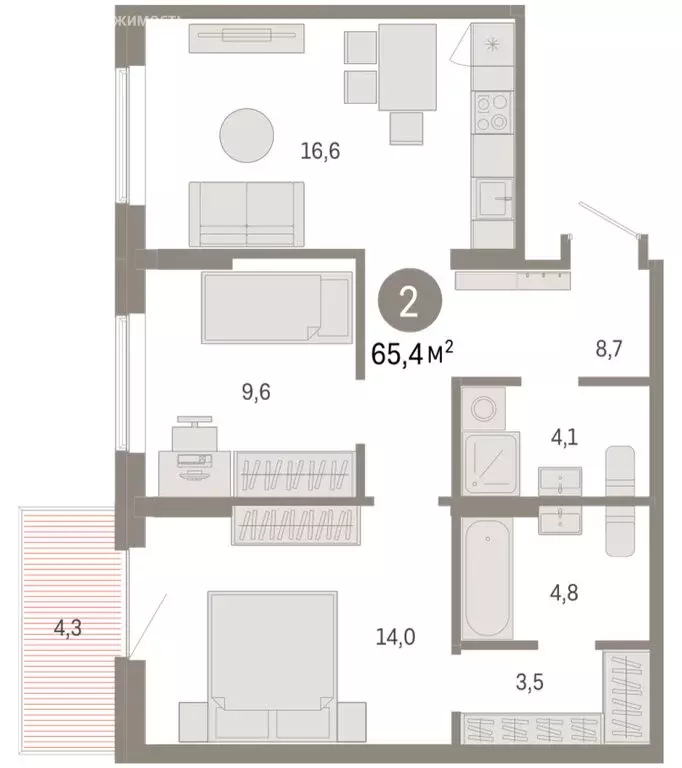 2-комнатная квартира: Омск, Кировский округ (65.36 м) - Фото 1