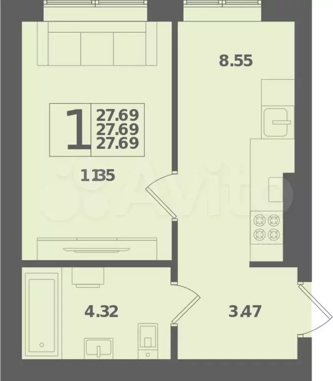 1-к. квартира, 27,7 м, 1/4 эт. - Фото 0