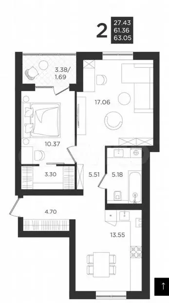 2-к. квартира, 61,4м, 3/4эт. - Фото 1