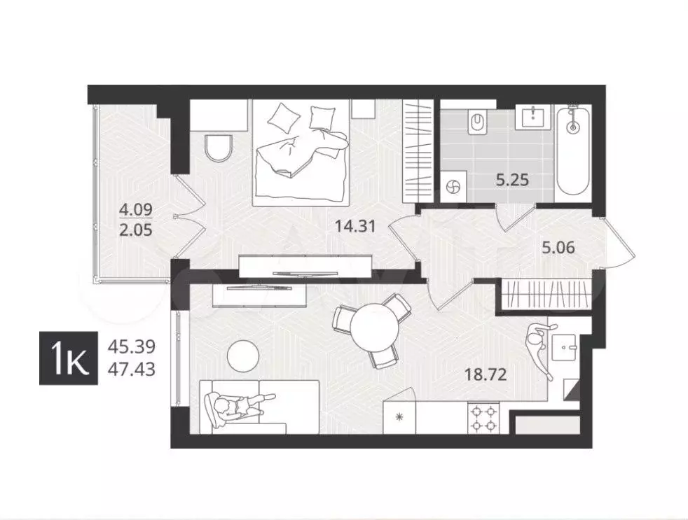 1-к. квартира, 45,4 м, 4/4 эт. - Фото 1