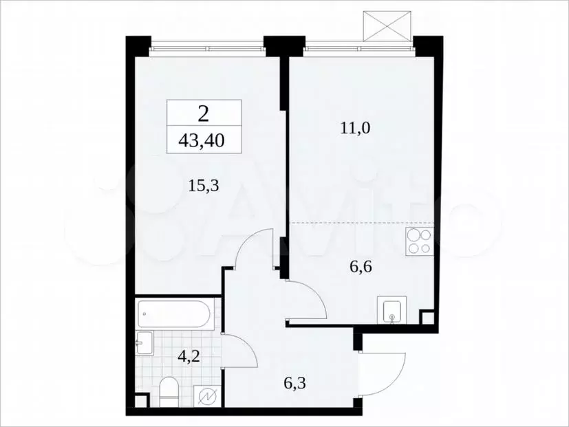 2-к. квартира, 43,4м, 2/17эт. - Фото 1