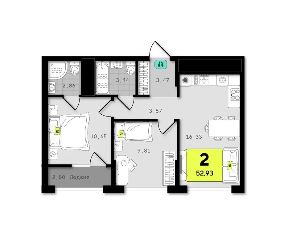 2-к кв. Тюменская область, Тюмень  (52.93 м) - Фото 1