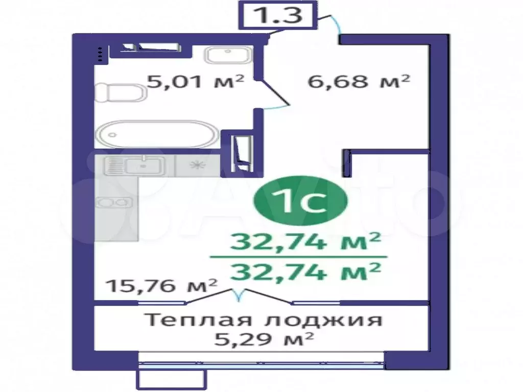 Квартира-студия, 32,7 м, 15/24 эт. - Фото 1
