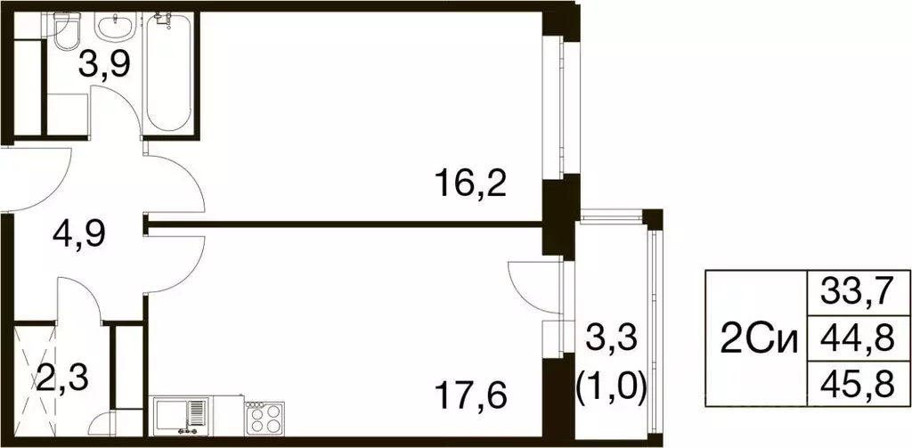 Квартира, 1 комната, 44.4 м - Фото 1