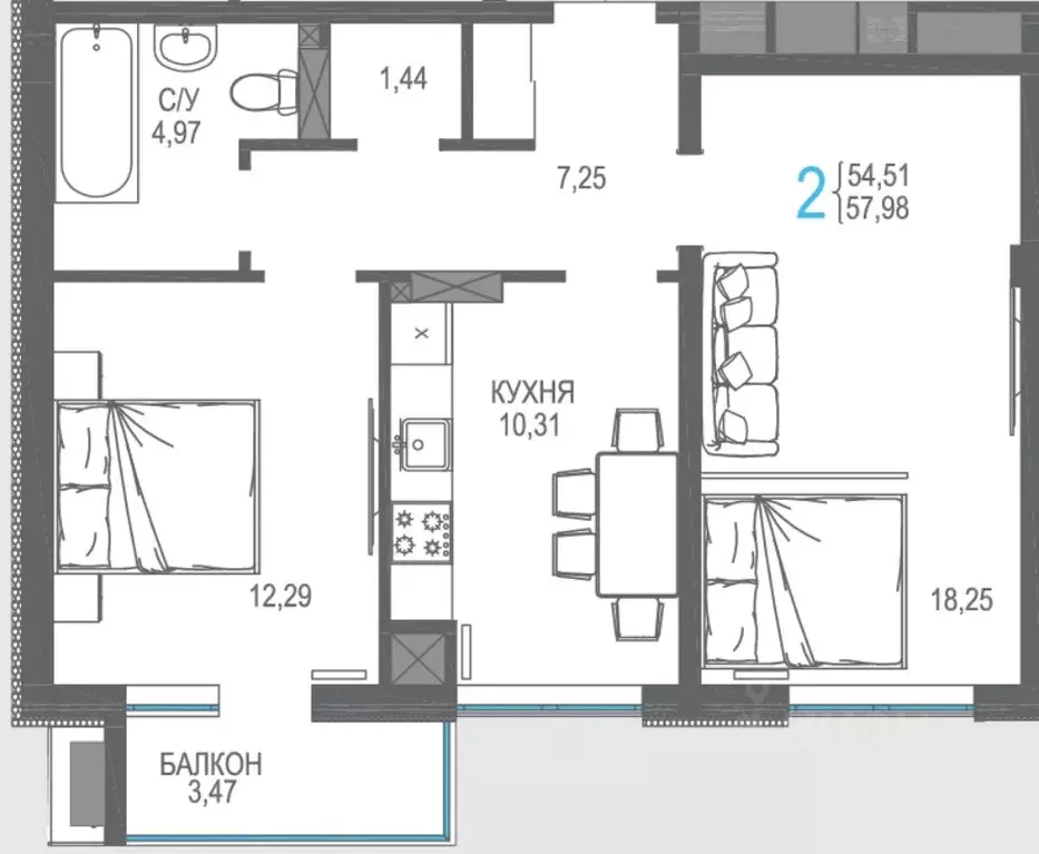 2-к кв. Крым, Симферопольский район, Гвардейское пгт ул. Курганная, ... - Фото 1